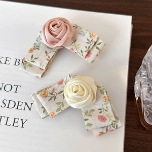 Floral bow hair clips with handmade fabric roses in pink and cream color options