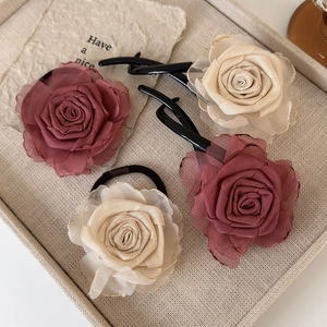 Handmade fabric rose hair clip set with wine red and beige chiffon floral accessories