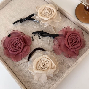 Handmade fabric rose hair clips and scrunchies set in beige and burgundy colors