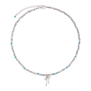 Blue beaded silver necklace with bow pendant and adjustable lobster clasp closure