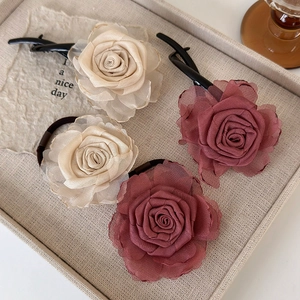 Handmade Rose Flower Hair Clip Elegant Chiffon 3D Floral Twist Clip New Chinese Style Hair Tie For Women Daily Accessories