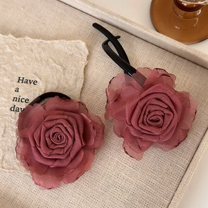 Elegant bean paste red handmade chiffon rose hair clip and scrunchie set for women