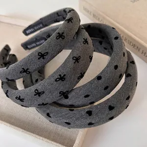 Elegant Padded Headband Gray Fabric Hair Band High Top Styling For Women Date Daily Korean Style Bow Heart Polka Dot Accessory