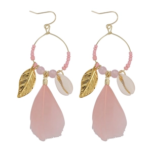 Bohemian retro feather earrings with gold leaf and shell tassels in pink and gold