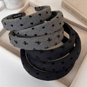 Vintage Gray Black Padded Sponge Headband For Women Wide Cloth Hairband With Bow Heart Polka Dot Pattern Handmade Hair Accessories