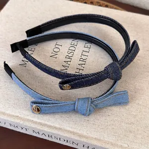 Denim Bow Headband For Women Vintage Ins Style Non Slip Hair Band With Golden Metal Buckle Casual Denim Fabric Headwrap