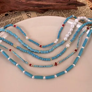 Bohemian Synthetic Turquoise Beaded Necklace Vintage Ethnic Style Alloy Imitation Artificial Pearl Choker For Women Party Jewelry Accessories