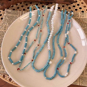 Green turquoise beads and irregular pearls necklace set for women in elegant choker style