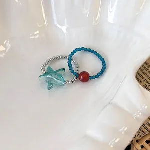 Summer ocean starfish beaded rings set with light blue star pendant and silver metal beads