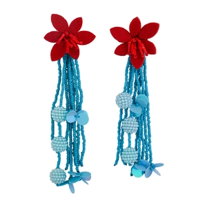 Exaggerated long fringe earrings with red floral studs and blue beaded tassels