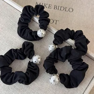 Vintage French Style Polka Dot Artificial Pearl Scrunchies Black Fabric Elastic Hair Ties For Women Ponytail Holder Hair Accessories