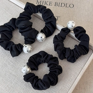 Set of 4 French vintage black polka dot scrunchies with elegant cotton pearl accents