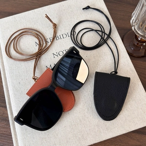 Portable PU leather glasses case with long neck strap for oversized black sunglasses