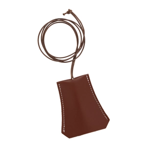 Brown leather clochette key holder necklace with contrast stitching and long wax cord