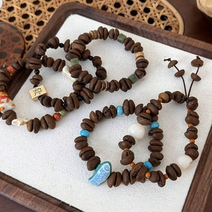 Unique coffee bean bead bracelet with fortune cat and mahjong lucky charms for women