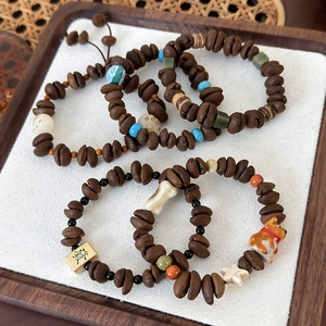 Unique coffee bean cat claw beaded bracelet with ceramic shiba inu and mahjong charm