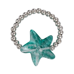 Beaded starfish ring with mint green resin charm and polished silver metallic beads