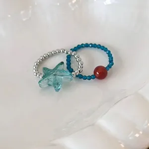 Summer Beach Starfish Beaded Ring For Women Sweet Blue Red Artificial Crystal Stretch Finger Rings Vacation Jewelry Accessory