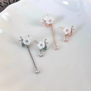 925 silver needle asymmetric shell flower earrings with rose gold tassel drop and zircons