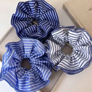 Chouchous à Rayures Surdimensionnés Style Français Pour Femmes Bleu Blanc Polyester Élastique Accessoires Cheveux Mode