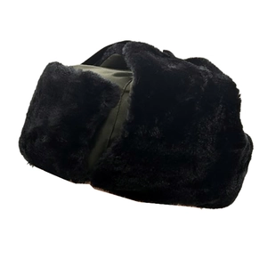 Men's winter trapper hat in olive green with thick black faux fur lining for extreme cold
