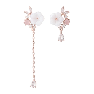 Asymmetric shell flower drop earrings in rose gold finish with sparkling zircons
