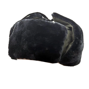 Close-up of black faux fur lining and windproof fabric on a winter trapper hat
