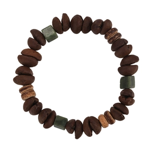 Unique coffee bean and green jade bead bracelet with natural wood accents for women