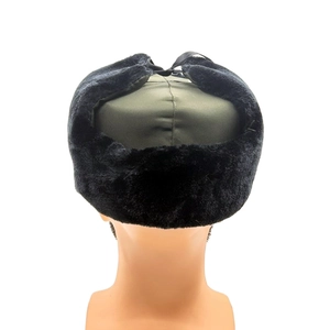 Army green winter trapper hat with black faux fur lining and ear flaps for men