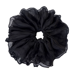 Elegant black pleated chiffon scrunchie with layered ruffle design for stylish hair styling