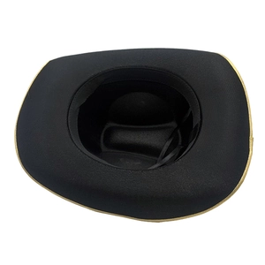 Detailed view of black brimmed hat featuring decorative gold trim and interior adjustable strap