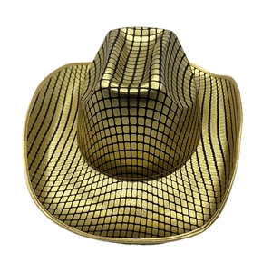 Golden disco style cowboy hat with black grid pattern for parties and festivals