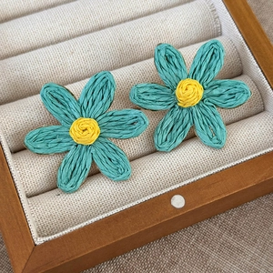 Detailed view of handmade woven sunflower earrings in vibrant lake blue and lemon yellow