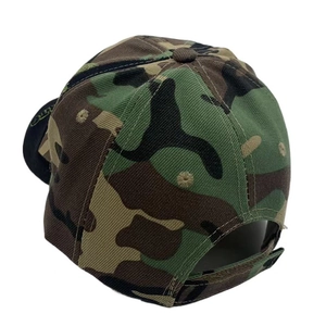 Detail view of the jungle camo baseball cap showing adjustable velcro strap and embroidery