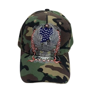 Close-up of eagle embroidery with American flag pattern on woodland camouflage baseball cap