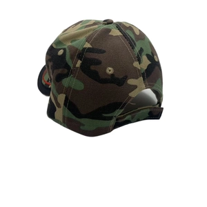 Rear view detail of woodland camo baseball cap featuring adjustable hook and loop strap
