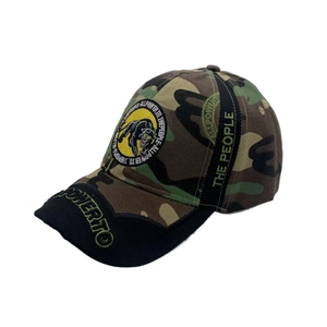 Close-up of camo baseball cap with black panther patch and fluorescent green embroidery