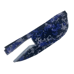 Detail of digital camouflage pirate hat with gray stitching and blue pixel pattern
