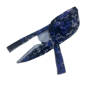 Detail view of blue digital camouflage bandana showing white overlock stitching on the edge