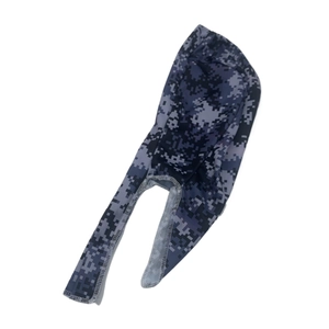 Detail of digital camouflage bandana showing high-quality stitching and breathable fabric