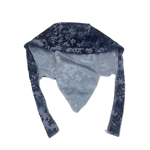 Detail of blue digital camouflage bandana with reinforced stitching and quick-dry fabric