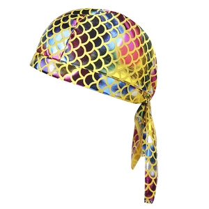 Holographic fish scale pattern durag with metallic gradient colors and long tie straps