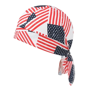 Detail of distressed American flag print on cycling do-rag with adjustable back ties
