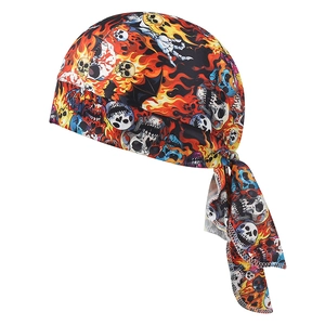 Detail of cycling doo-rag showing red flame and skull print with durable stitching