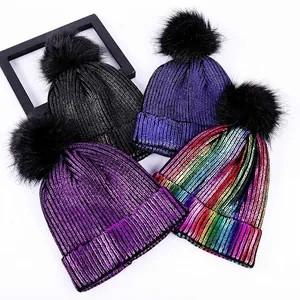 Women Winter Metallic Knit Beanie Hat Fashion Gold Stamping Pom Pom Ribbed Skull Cap Warm Acrylic Outdoor Streetwear