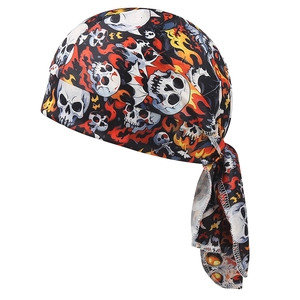 Cycling do-rag with skull and orange flame print featuring long tail for street wear