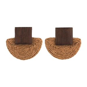 Bohemian geometric woven straw earrings with dark brown wood and sunflower style design