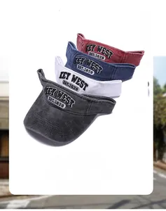 Detail view of washed cotton sun visors with vintage KEY WEST EST.1828 embroidery