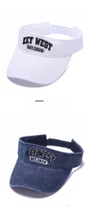 Detail view of white and washed blue sun visors with KEY WEST 1928 embroidery decoration