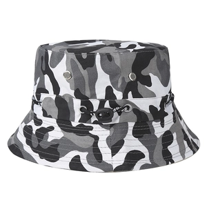 Foldable camo bucket hat for outdoor fishing and hiking with adjustable drawstring